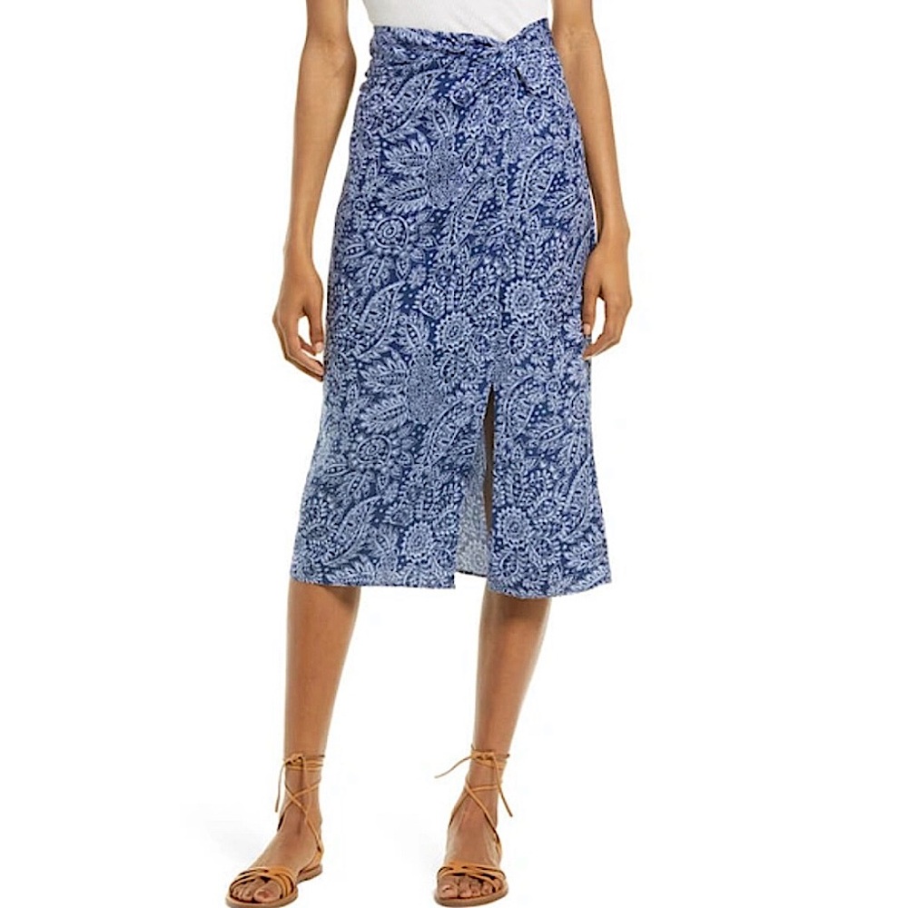 Madewell Paisley Garden Linen-Blend Knotted Midi Skirt in Bengali Indigo